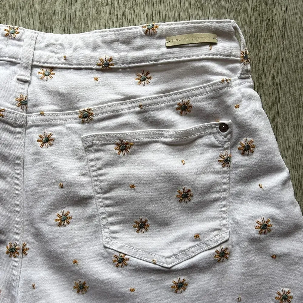 Anthropologie White Sun Embroidered Pattern Stretch Raw Hem Denim Shorts Size 32 - Picture 7 of 9